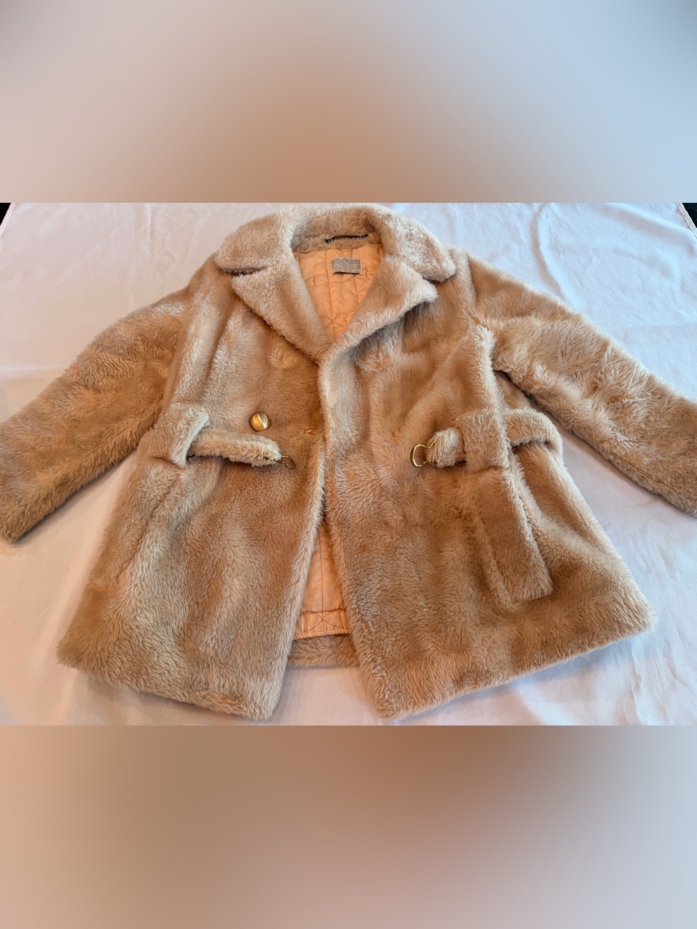 Vintage Rare Teddy Bear 1960/70s Faux Fur Camel Color Women’s Belted Coat
